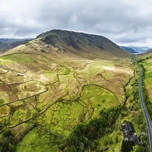 Panorama of Mountains over road A591 from a drone