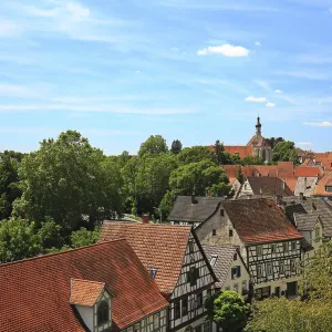 Vue panoramique de toits rouges et de maisons à colombages entourées d'une verdure luxuriante ensoleillée.