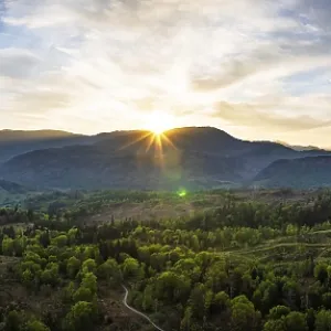 Panorama of Sunset over Mountains and Coniston Water from drone Panorama of Sunset over Mountains and Coniston Water from drone