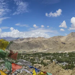 Panorama from Tsenmo hill over Leh and the Indus valley to Stok Kangri