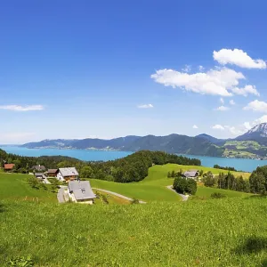 Panoramic view over the Attersee with Hoellengebirge