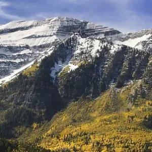 Panoramic view of autumn colors below the snow capped peaks of Mount Timpanogos as seen from the Alpine Loop Panoramic view of autumn colors below the snow capped peaks of Mount Timpanogos as seen from the Alpine Loop