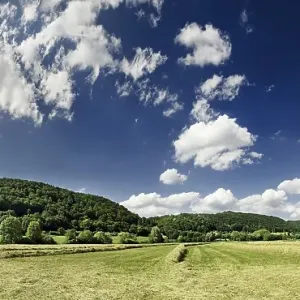 Panoramic view of a hay meadow and cloudy sky