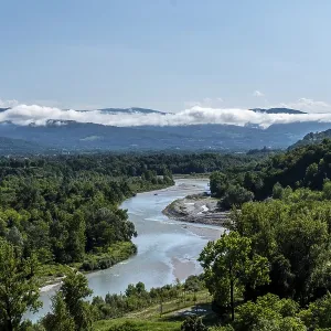 Panoramic view of the Piave and the surrounding mountain landscape