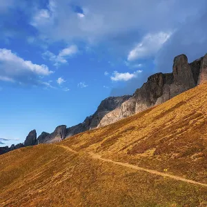Panoramic view of the Val Gardena Dolomites in Italy