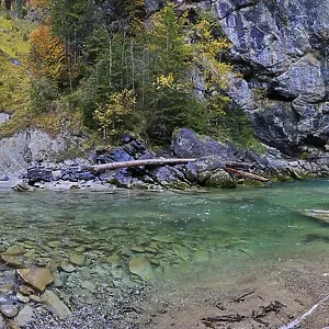 Vista panorámica de una cascada con agua clara y árboles de otoño. Vista panorámica de una cascada con agua clara y árboles de otoño.