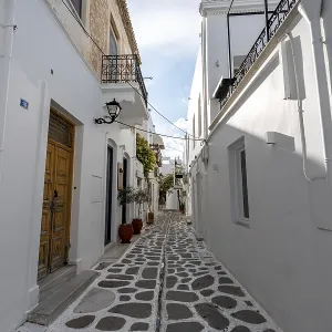 Paros Paroikia old town narrow cobblestone alleyway view