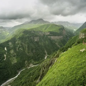 Peaks and slopes of the Caucasus Mountains in Georgia