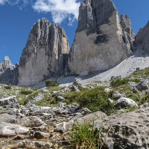Three Peaks with stream in the Dolomites