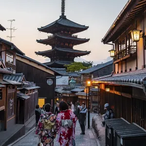 Pedestrian with kimono, Yasaka dori historical street in the Old Town with traditional Japanese houses