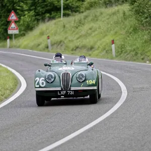 Two people in a green vintage convertible with racing numbers Two people in a green vintage convertible with racing numbers