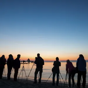 People photographing on the beach near the pier People photographing on the beach near the pier