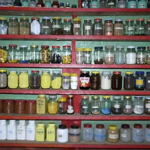 Pharmacy with many glasses in monastery Tashi Gompa Phu Nar-Phu Annapurna Region Nepal Pharmacy with many glasses in monastery Tashi Gompa Phu Nar-Phu Annapurna Region Nepal