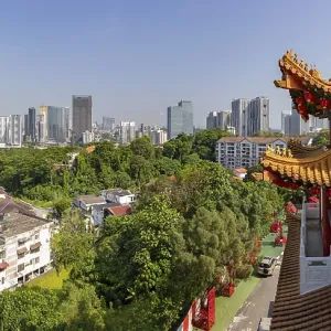 A picture of the Thean Hou Temple and the city of Kuala Lumpur in the distance