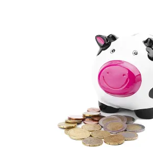 Piggy bank and euro coins isolated on white