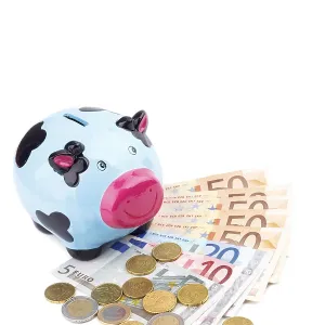 Piggy bank and money isolated on white