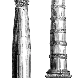 Die Säulen von Boas (l) und Jachin (r) standen vor dem Tempel Salomos als Dekoration, Bibel, historische Illustration, Biblisches Handwörterbuch 1862 Die Säulen von Boas (l) und Jachin (r) standen vor dem Tempel Salomos als Dekoration, Bibel.