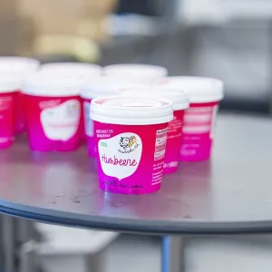 Several pink raspberry-flavoured sundaes standing close together on the table