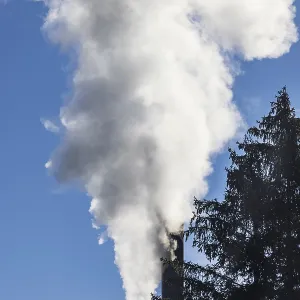 Pollution, industry, smoke coming from a factory chimney near a coniferous forest