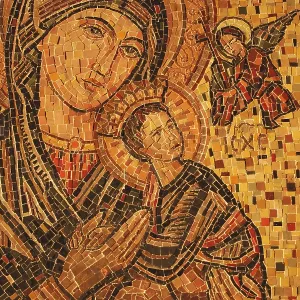 Portrait of Mother Mary and infant Jesus with fairy made of colourful porcelain chips on wall of St