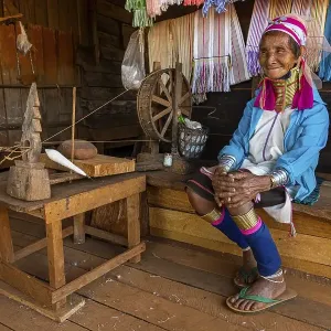 Portrait of a Padaung, giraffe with a traditional weaving chair Portrait of a Padaung, giraffe with a traditional weaving chair