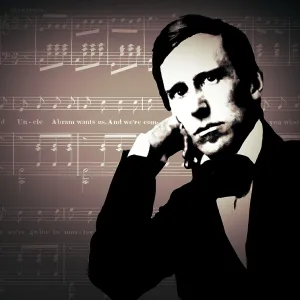 Portrait of Stephen Collins Foster with the sheet music of his minstrel song A soldier in the colored brigade