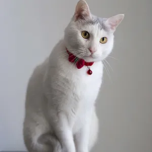 Portrait of a white cat with red collar in a seating position vertical