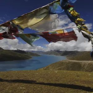Prayer flags, Yamdrok Lake, central Tibet