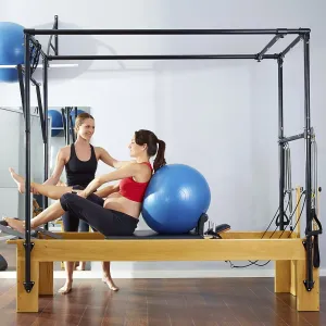 Pregnant woman pilates reformer cadillac fitball exercise workout with personal trainer