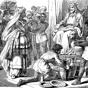 The queen from rich Arabia comes to King Solomon in Jerusalem