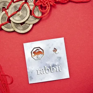 Rabbit zodiac card with Chinese character on a red background with coins