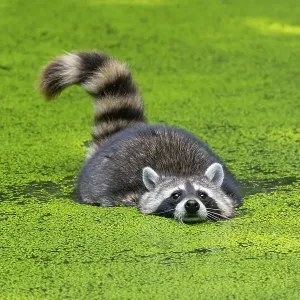 Raccoon (Procyon lotor) swims in a pond Raccoon (Procyon lotor) swims in a pond