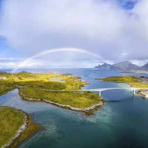 Rainbow over fjord, bridge at Fredvang Rainbow over fjord, bridge at Fredvang