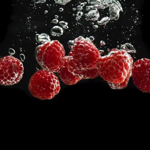 Raspberries fall into water, black background Raspberries fall into water, black background