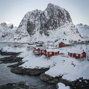 Red stilt houses, Hamnoy, drone shot Red stilt houses, Hamnoy, drone shot