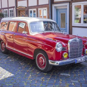 Red Vintage Mercedes Benz Estate Car Print, Hildesheim Old Town Red Vintage Mercedes Benz Estate Car Print, Hildesheim Old Town