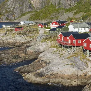 Red wooden houses Rorbu, Rorbu fishermen's cabins Red wooden houses Rorbu, Rorbu fishermen's cabins