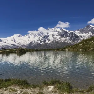 Reflection of the snow-white peaks in the clear mountain lake