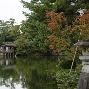 Reflection, tea house, Kasumiga-ike Pond