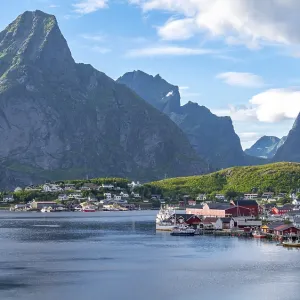 Reine, Reinefjord with mountains Reine, Reinefjord with mountains