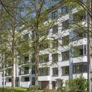 Residential buildings, modern apartment buildings with footpath in spring