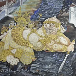 Restored wall murals (Ramakien) in Wat Phra Kaeo Grand Palace (Temple of the Emerald Buddha)