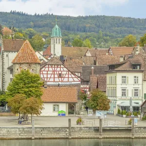 Rhine promenade with witch tower and Sacred Heart Church in Stein am Rhein Rhine promenade with witch tower and Sacred Heart Church in Stein am Rhein
