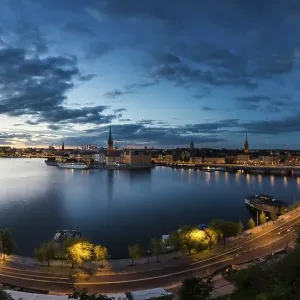 Riddarholmen island at dusk, view from Monteliusvaegen Riddarholmen island at dusk, view from Monteliusvaegen