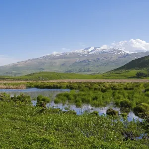 A river meanders through green hills in front of a mountain range with a slightly cloudy sky A river meanders through green hills in front of a mountain range with a slightly cloudy sky