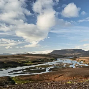 River and mountains near Kerlingarfjoll geothermal area in a summer day