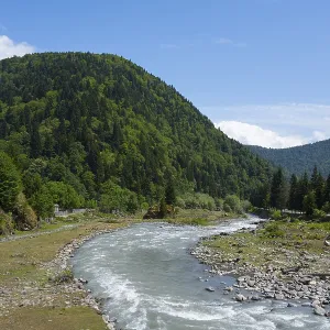 River snakes through a mountain valley