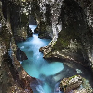 River Soca flows through narrow canyon