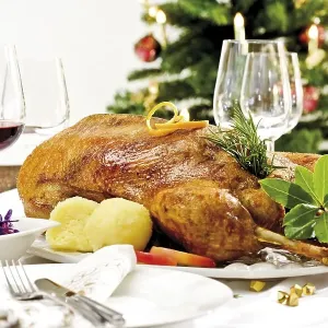 Roast goose, red cabbage, dumplings on a festively decorated table