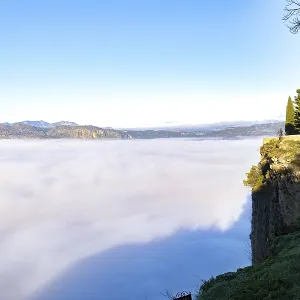 Ronda, malaga, spain, Ronda gorge view over a valley filled with rolling fog